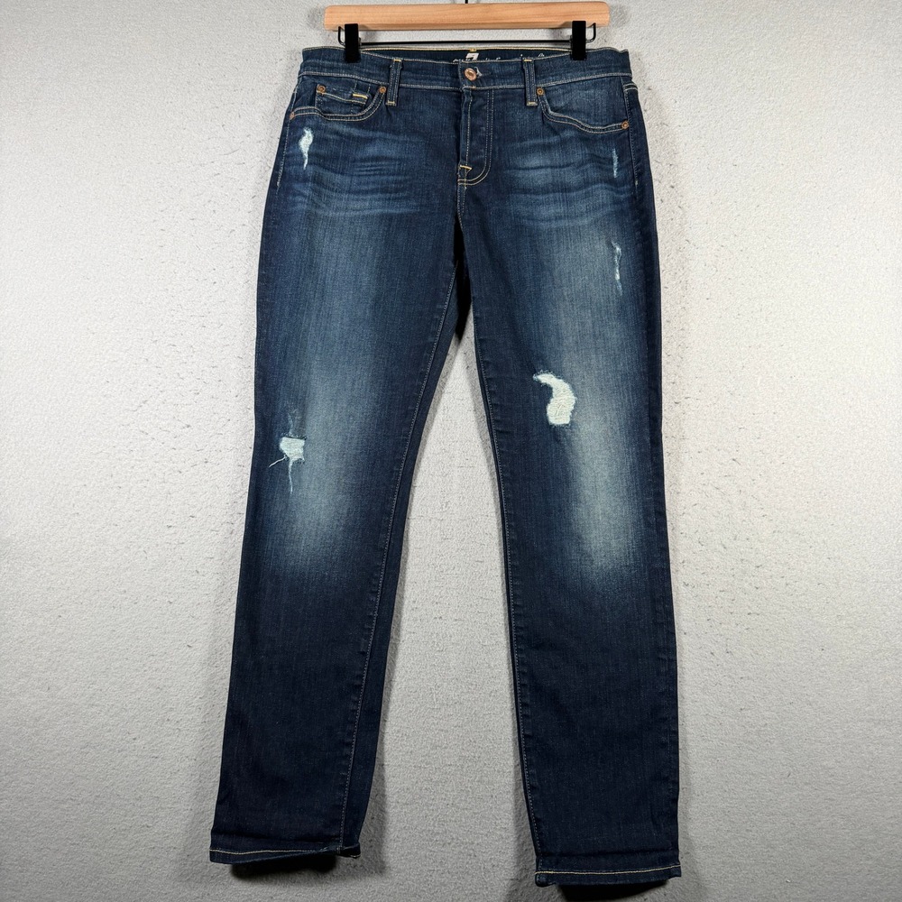 7 For All Mankind Josefina Skinny Boyfriend Jeans Dark Wash Distressed Size 27